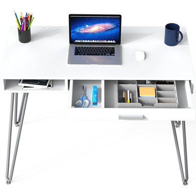 Bureau moderne à pattes à épingle avec tiroir, table d'ordinateur blanche pour bureau à domicile
