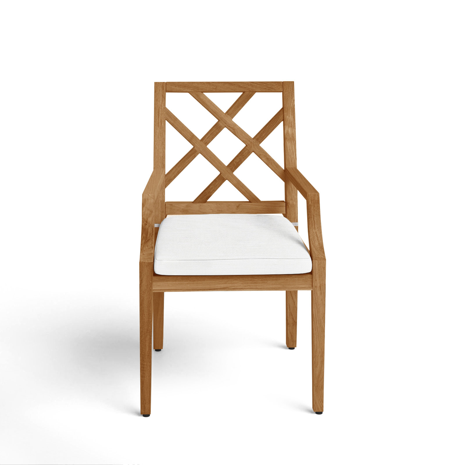 Haley Teak Outdoor Arm Chair Latticework Back, Natural Teak, Rollo Lace InsideOut® Linen, No Welt