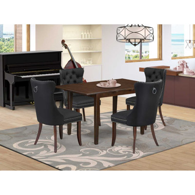 5-Piece Mahogany Finish Solid Wood Top - Rectangular Dining Room Set with Butterfly Leaf - Seats 4