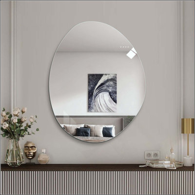 Miroir mural irrégulier sans cadre en forme d'œuf, miroir de salle de bain asymétrique en forme de nuage organique, miroir de décoration argenté biseauté pour salle de bain