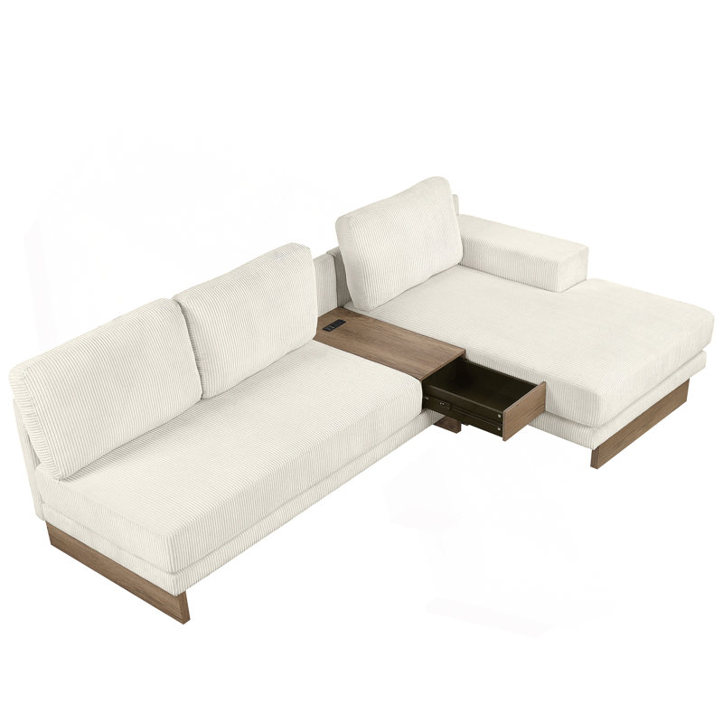 3-Piece Upholstered Sectional, Beige Corduroy