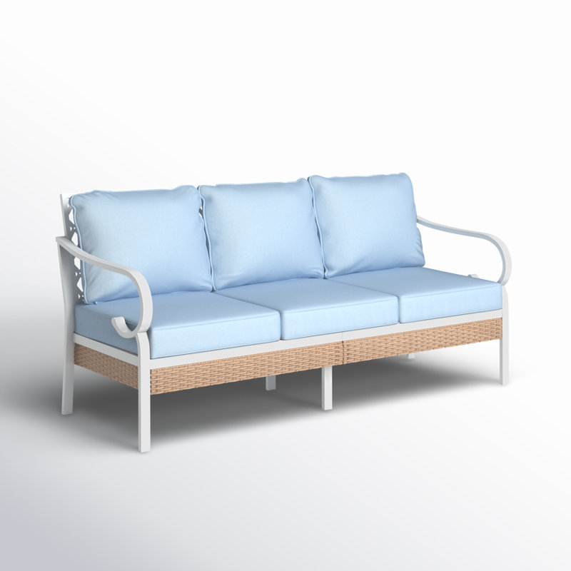 Canapé d'extérieur de 74,8 po de largeur avec coussins et décoration en osier, Coussin bleu / cadre blanc