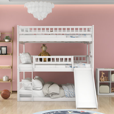 Full-Over-Full-Over-Full Triple Bed with Built-in Ladder and Slide , Triple Bunk Bed with Guardrails,(OLD SKU :LP000052AAK)