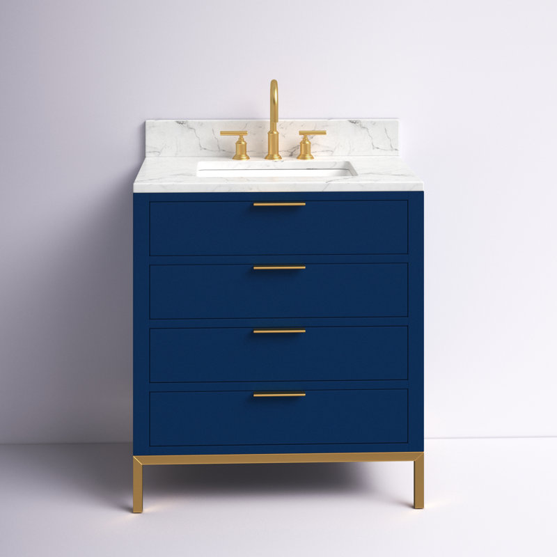 Meuble-lavabo de comptoir en marbre blanc avec robinet Bristol Carrara, Bleu monarque, L 30 po