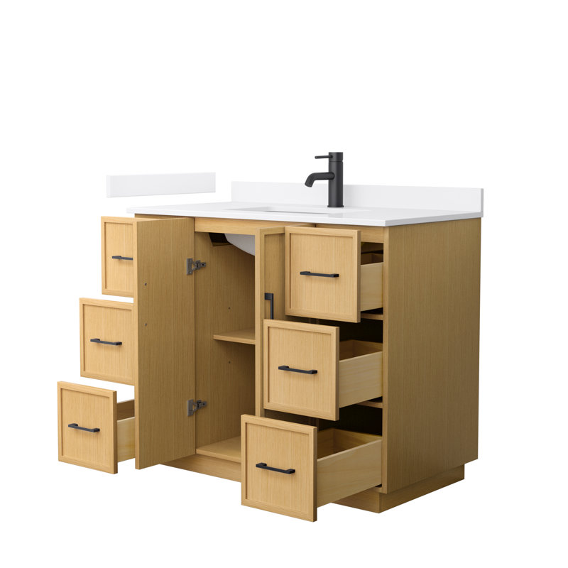 Elan TK 42" Freestanding Single Bathroom Vanity with Quartz Top, Matte Black, Light Oak, White Quartz