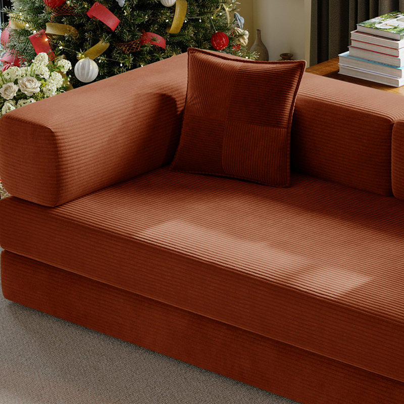 78.8'' Corduroy Convertible Sofa Bed Upholstered Sleeper Sofa with Armrest and Pillow, Orange