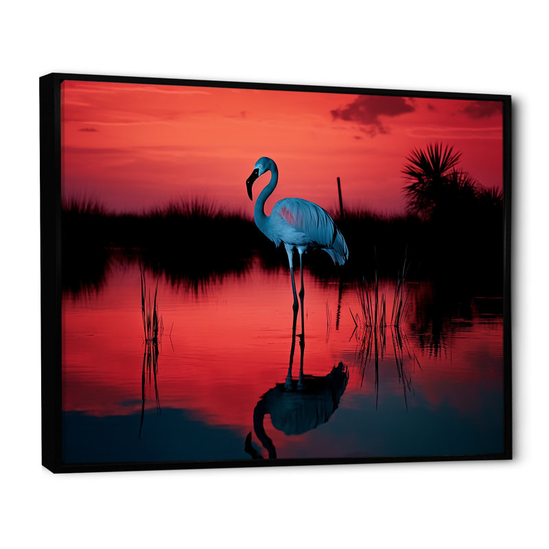 Flamant crépuscule I sur toile, Cadre flottant noir, H 16 po x l 32 po x P 1,5 po