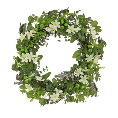 24 inch Artificial Spring Wreath with Mixed Flower Blooms and Flowing Green Stems, Realistic Floral Decoration for Front Door or Indoor Décor
