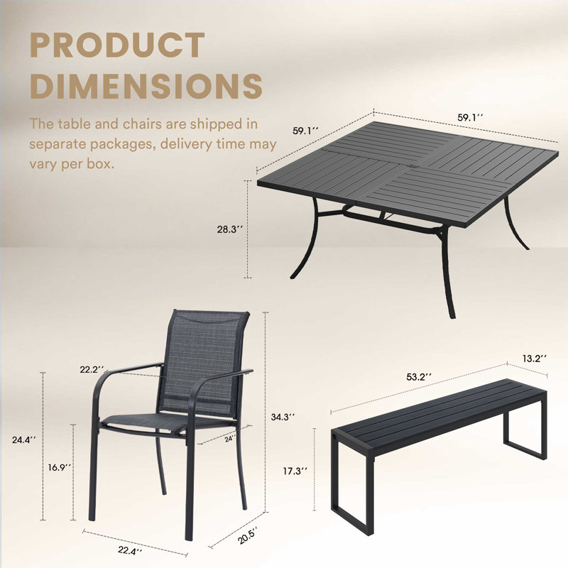 Ensemble repas carré 59,1 "avec banc, Noir, noir, noir, noir, Gris