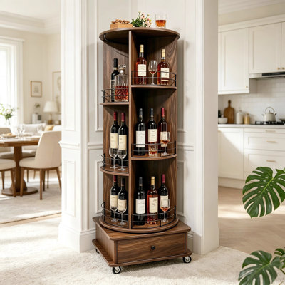 360° Rotating Wine Tower, Retro Brown Corner wine Cabinet with 2 Glass Holders, Lockable Front Wheels & Waterproof Top, rotating Bar Cart, Temporary Side Table for Indoor Outdoor Parties