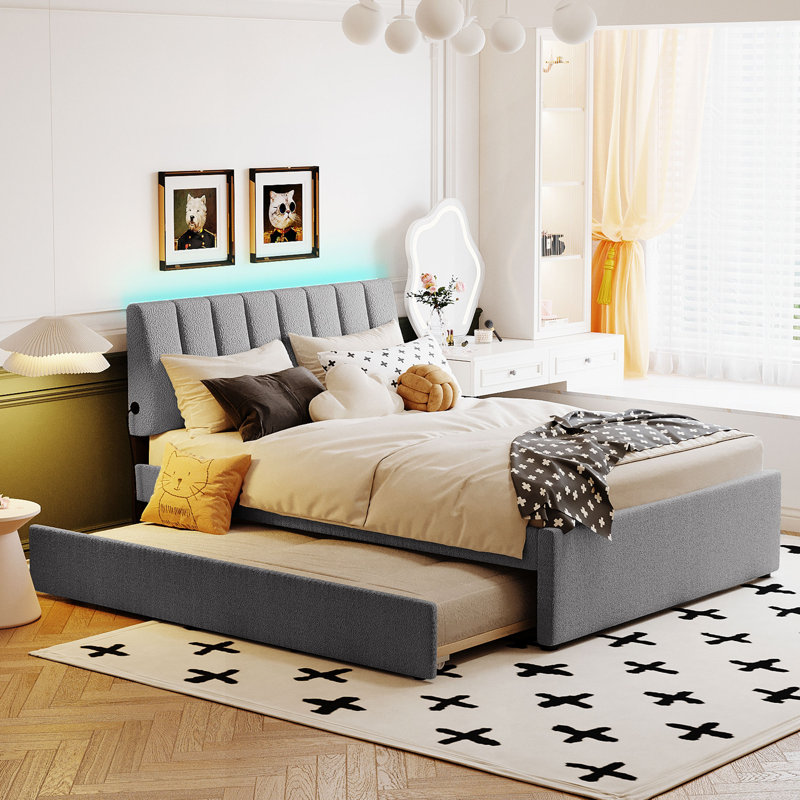 Lit plateforme tapissier avec lit gigogne double Teddy, Gris, Lit double
