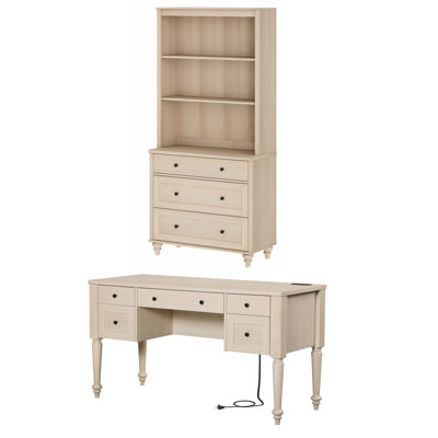 2 Piece Office Set, 56" Executive Desk & Bookcase With Drawers, Beige