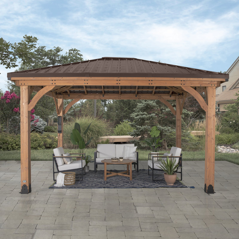 Backyard Discovery Barrington 14' x 12' Cedar Wood Outdoor Patio Gazebo with Hardtop Galvanized Steel Hip Roof and PowerPort