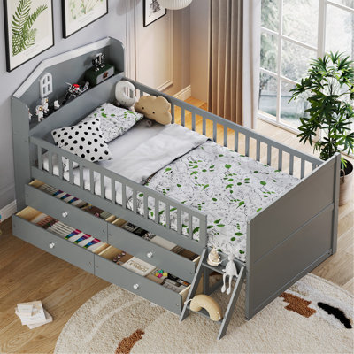 Twin Bed Frame With Storage 4 Drawers,Wooden Bed Frame Forplatform Twin Size Bed With Guardrail Headboard And Ladder