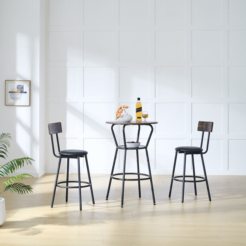 Round bar table and stool set with shelf, upholstered stool with backrest, Rustic Brown