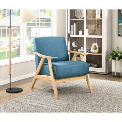 Comfortable Living Area Chair With Blue Upholstery And Solid Rubberwood Base Fabric Accent Wood Frame Natural Finish For Home Decor