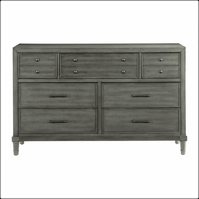 Commode 1 pièce de style transitionnel à finition grise avec 7 tiroirs et poignées bronze foncé pour les chambres à coucher modernes