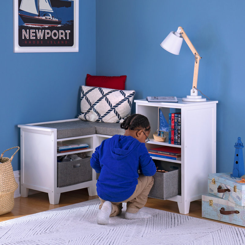 Creamy White Wooden Kids' Corner Reading Nook with Storage Cubes