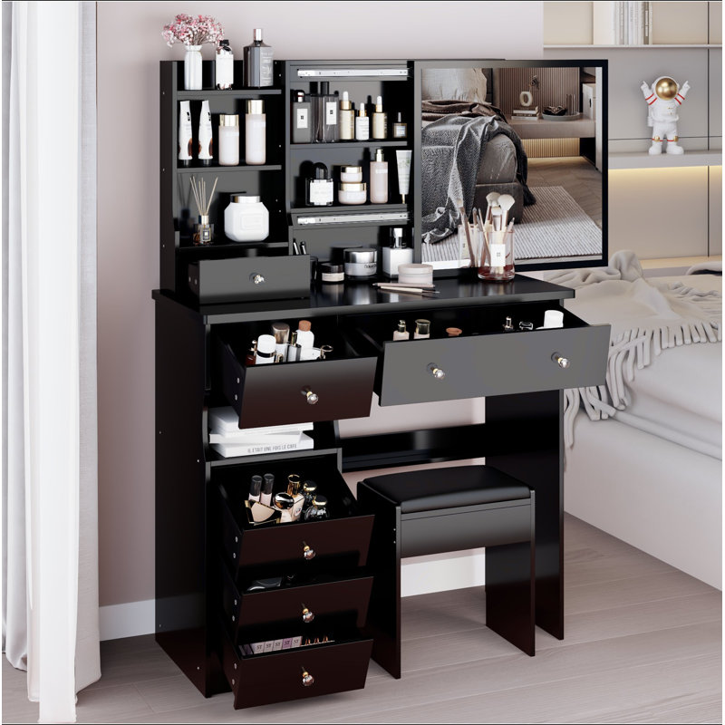 37" Middle Size Left Drawer Desktop Vanity Table + Cushioned Stool, Extra Large Right Sliding Mirror, Multi Layer High Capacity Storage, Practical Fashionable Dresser, Suitable For Large Space
