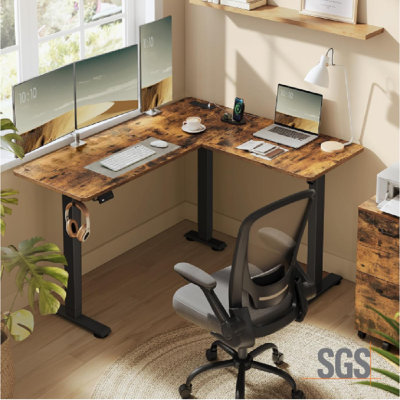 Adjustable L-Shaped Metal Base Standing Desk with Power Outlet