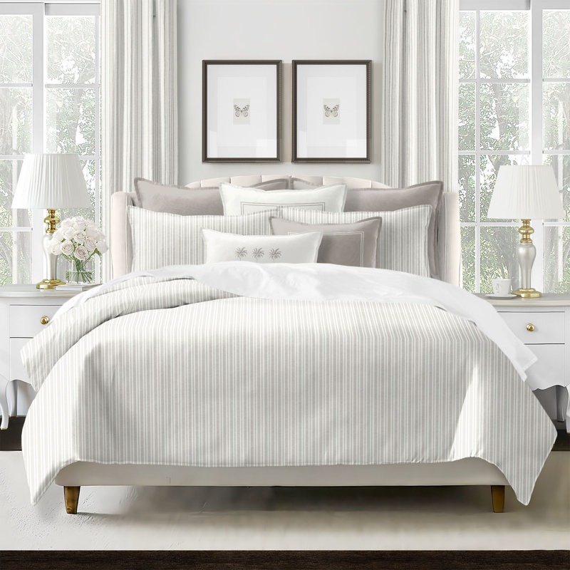 Pacific Stripe Reversible Cotton Duvet Cover Set, Queen Duvet Cover + 2 Queen Shams, Mushroom