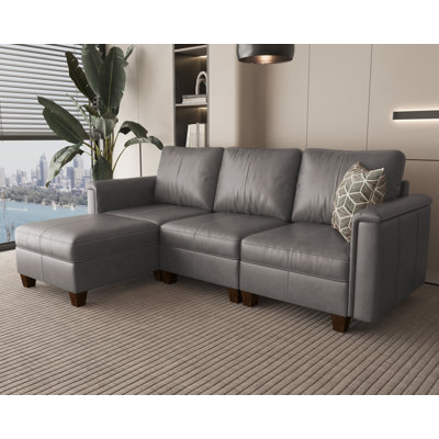 91" Modular Faux Leather Sectional Sofa With Storage Ottoman, Mid-Century Modern Reversible L-Shaped Couch With Padded Armrests, Grey