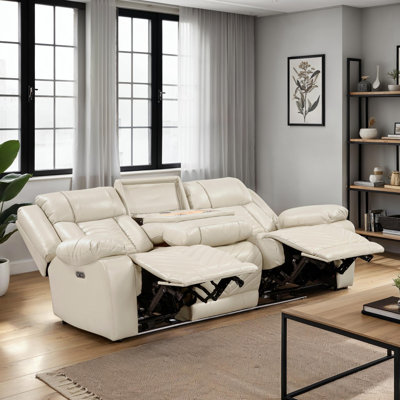 Marlow 87" Modern & Contemporary Faux Leather Power Reclining Sofa with Drop-Down Table, Wireless Charger, USB Ports, LED Lighting, and Cup Holders.