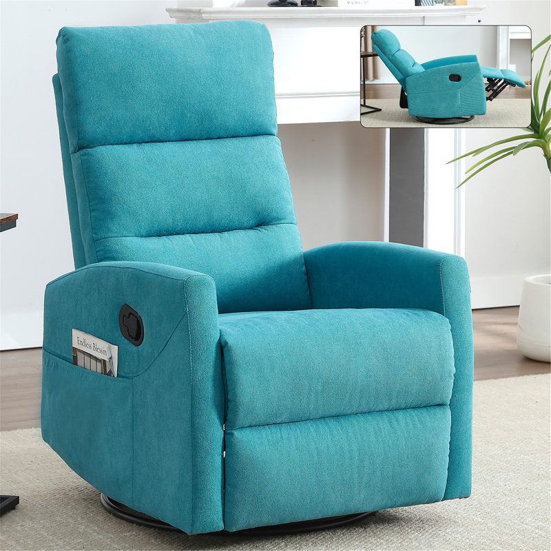 Manual Recliner Chair With Rocker And Swivel In Fabric For Living Room, Blue Fabric