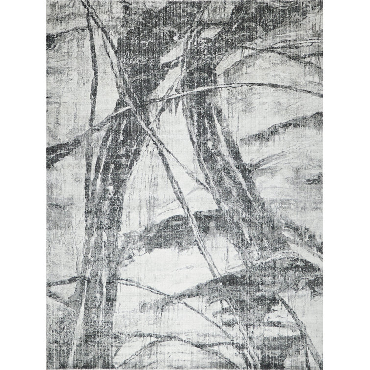 Rectangle Kyoto Abstract Hand Loomed Wool/Bamboo Slat/Seagrass Area Rug in Silver/Black