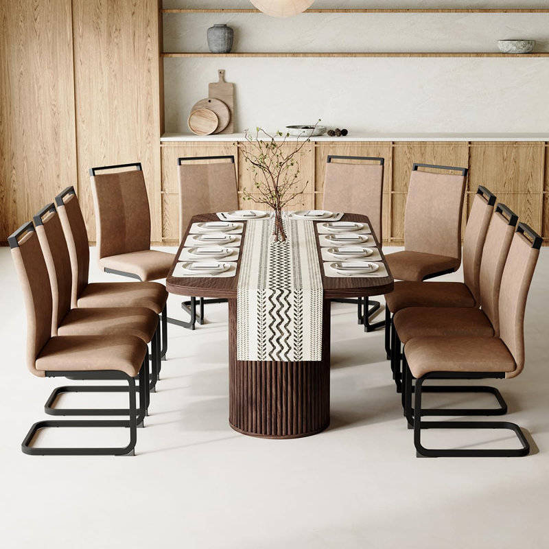 Ensemble de table de salle à manger en noyer de 79 po pour 10 personnes, grande table de salle à manger pour 10 personnes avec base à double piédestal cannelée et chaises rembourrées