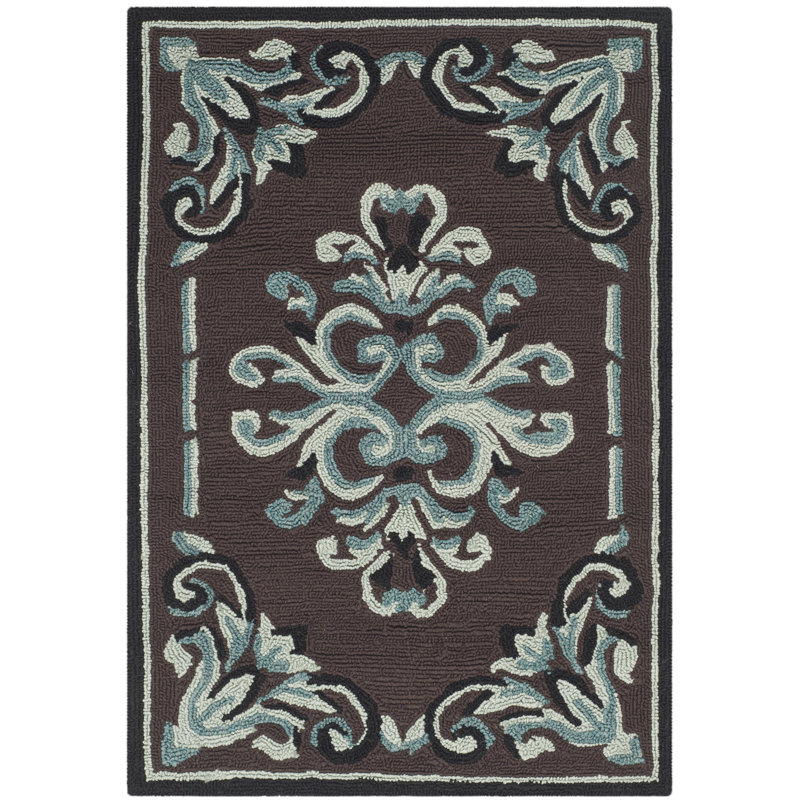 Sedgemoor Hand-Hooked Dark Brown/White/Blue Area Rug, Rectangle 9' x 12'