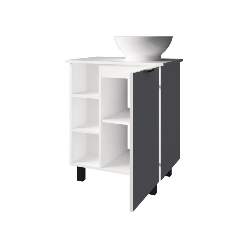 Meuble-lavabo avec finition blanche, 1 porte et 8 tablettes, conception équilibrée avec 4 pieds de couleur vive, espaces de rangement et équilibre amélioré