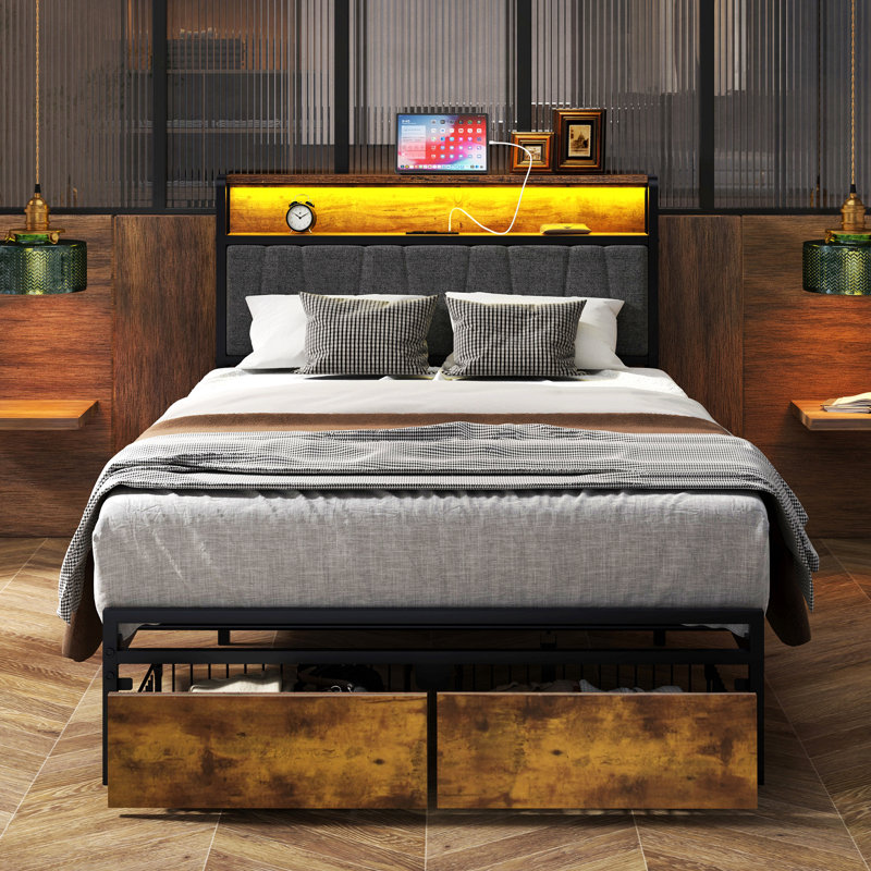 Twin Metal Bed Frame with Headboard and Charging Station, Platform Beds with Storage Drawers, Twin, Rustic Brown