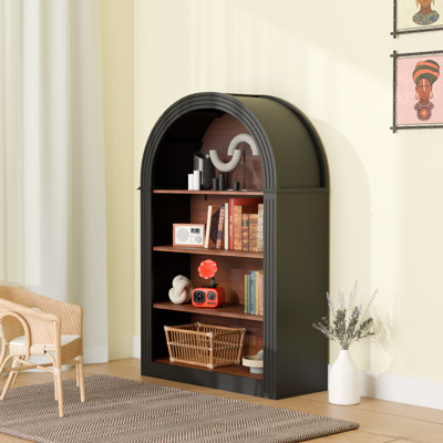 Bookcase, 4-Shelf Tall Bookshelf, 45.66" Wood Open Display Floor Arched Bookcase, Large Storage Organizer For Library, Bedroom, And Living Room (Black)
