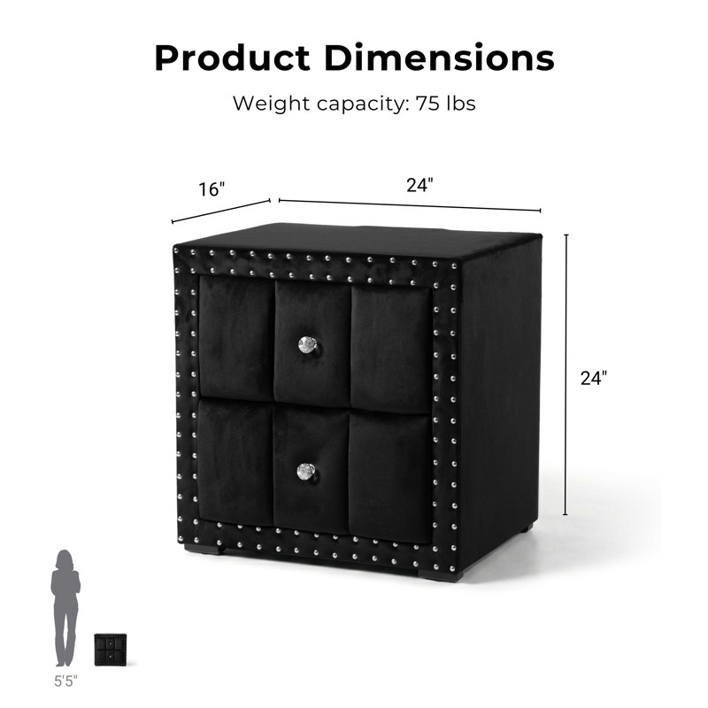 Gianni 2-Drawer Velvet Nightstand, Black