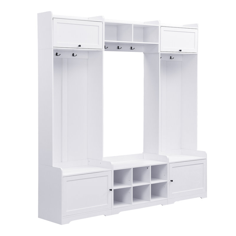 79.1'' Wide Modern White Hall Tree – 4-in-1 Entryway Bench With 8 Cubbies, 7 Coat Hooks & 2 Adjustable Shelves, Anti-tip Kit, Durable Mdf, Easy Assembly For Hallway/living Room/mudroom