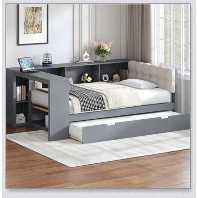 Wood Platform Bed With Storage Shelves, Trundle, Charging Station And Upholstered Headboard