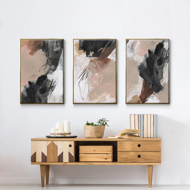 «Unbleached Neutrals IV», ensemble de 3 reproductions encadrées sur toile, H 27 po x l 54 po x P 2 po, Encadrement doré