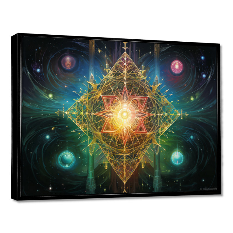 Art mural Galactic Sacred Star - Boho Mandala, H 16 po x l 32 po x P 1 po, Toile avec cadre flottant noir