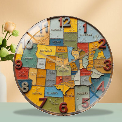 Colorful State Map Wall Clock Decor Art - 12'' Modern Glass Wall Clock