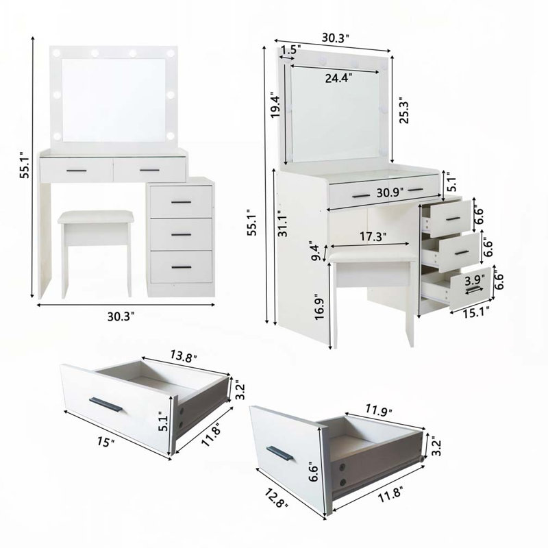 Coiffeuse réglable blanche avec 4 tiroirs
