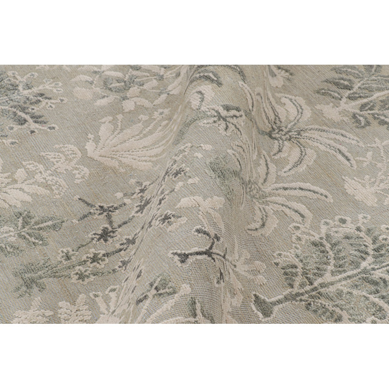 Rug & Kilim’S Modern Block Print Rug In Silver-Gray & Teal With Floral Patterns, Rectangle 8' x 10'