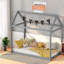 Charmants lits simples en bois avec motif de maison pour enfants, gris