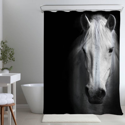 Monochrome Horse – Farm Animal Bedroom – Polyester Shower Curtain, Dye Sublimation Print, 71" W × 74" L