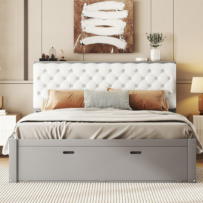 Lit plateforme en bois avec rangement pour chaussures avec tête de lit et 4 tiroirs, Gris