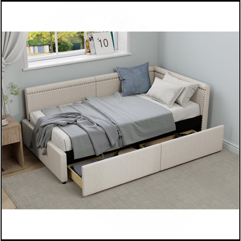 Modern Style Twin Size L Shape Corner Bed, Linen Upholstered  Daybed  With Two Storage Drawers, Beige