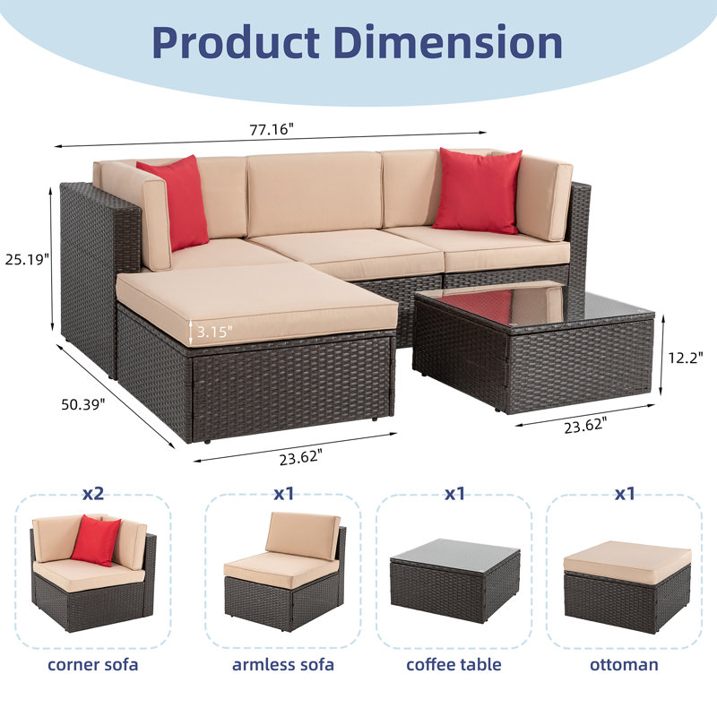 Ensemble de conversation modulaire en rotin 5 pièces avec canapé, coussins, coussins et table en verre, Brun
