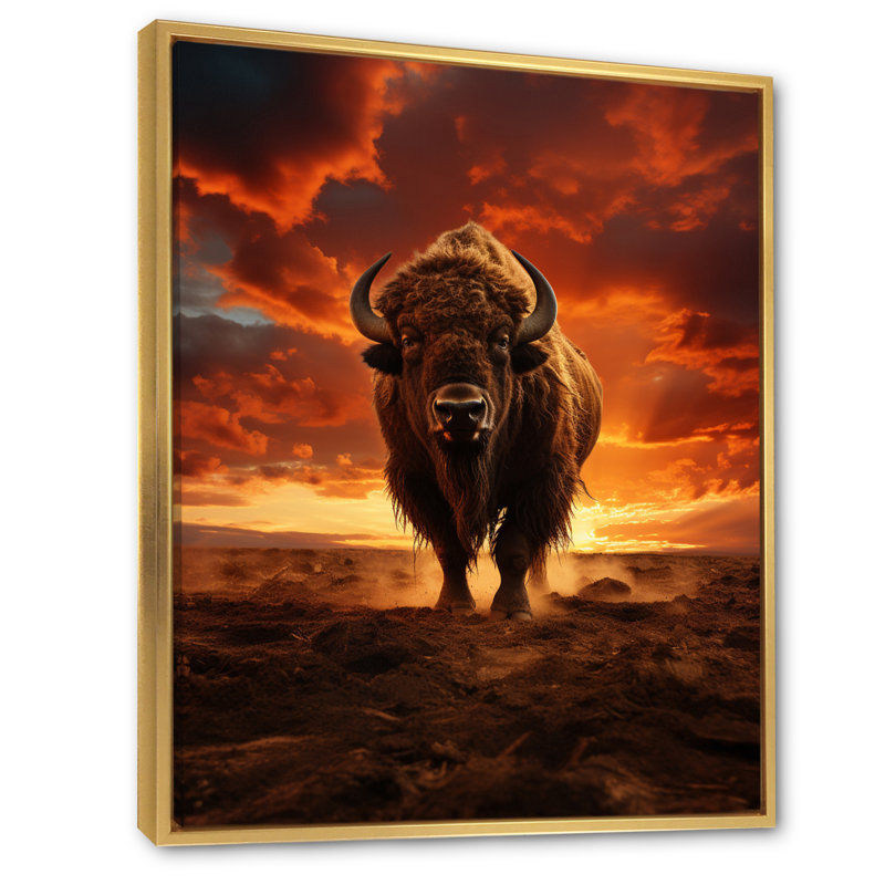 «Orange Brown Buffalo Silhouette Serenade», reproduction sur toile, Cadre flottant doré, H 32 po x l 24 po x P 1 po