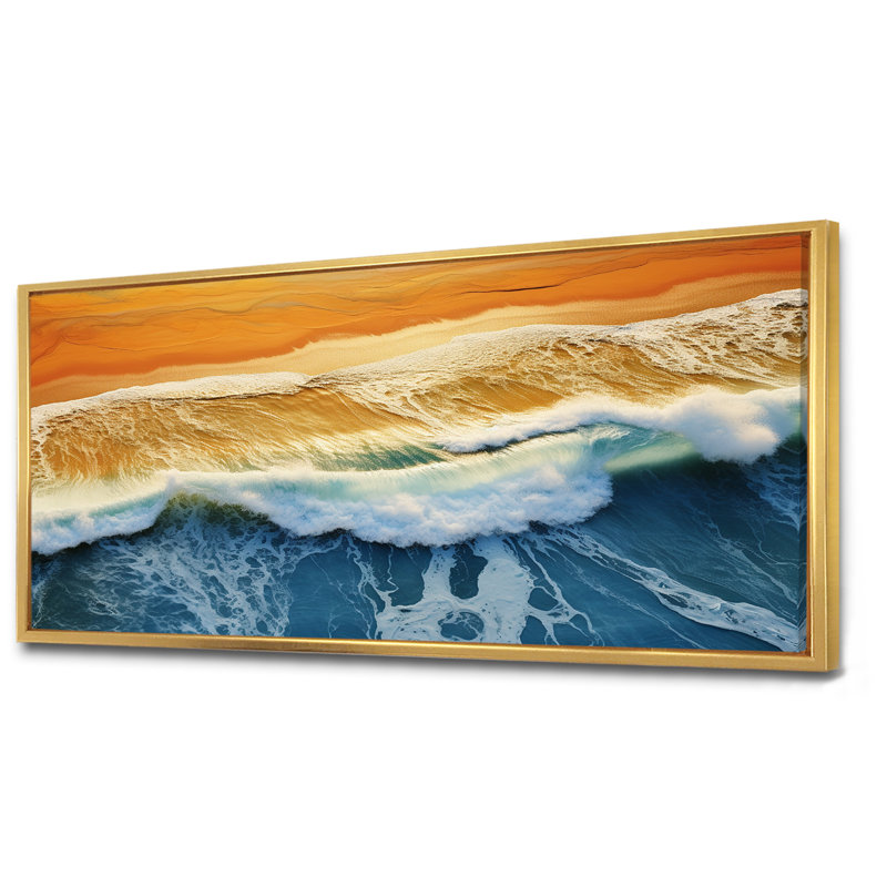 Vue aérienne de la plage bleue et orange II - art mural plage, Cadre flottant doré, H 28 po x l 60 po x P 1,5 po