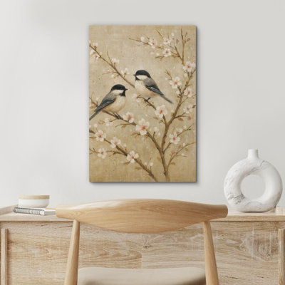 Chickadee Birds on Blooming Branches in Soft Neutral Tones – Pictures Framed Canvas Print Wall Art
